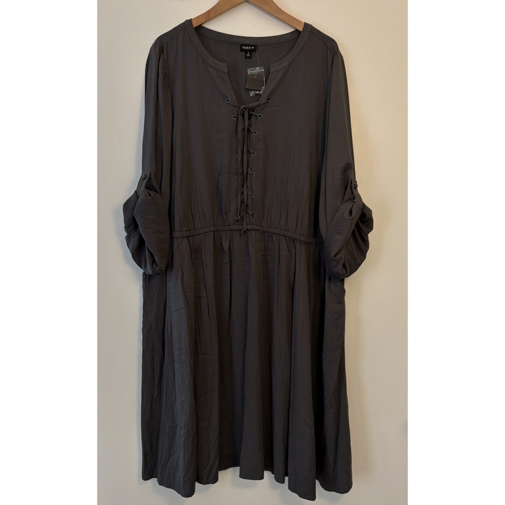 Torrid V-Neck Lattice Tie Shift Dress Size 4X Gray NWT Roll-Tab Sleeves Pockets